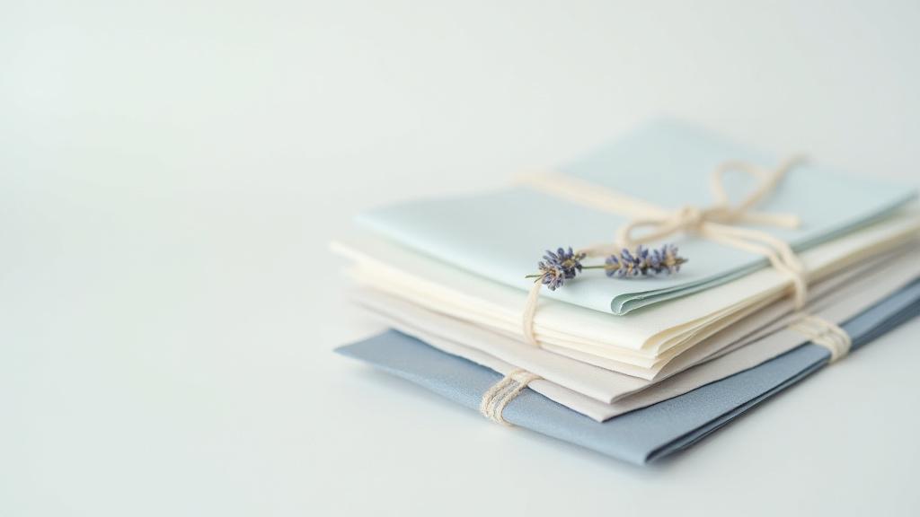 Gros plan sur une sélection de papiers artisanaux aux textures variées et aux couleurs pastel, empilés sur une table d'atelier.