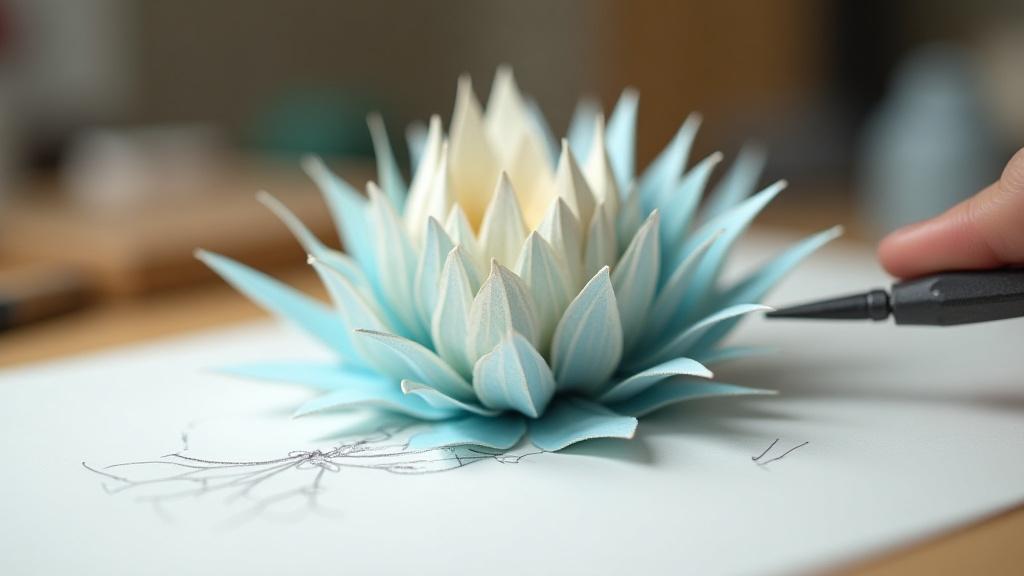 Une œuvre d'art en papier en cours de création, avec des détails complexes et des couches superposées, visible sur un établi avec des outils flous en arrière-plan.