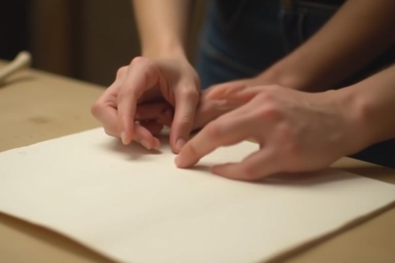 Mains d'artisan travaillant délicatement du papier texturé